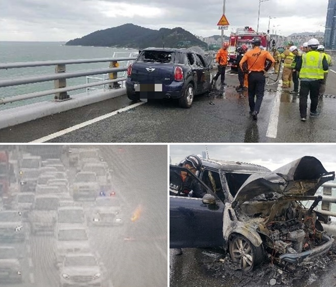 광안대교 상판에서 불상의 이유로 차량 단독화재.(사진제공=부산경찰청)