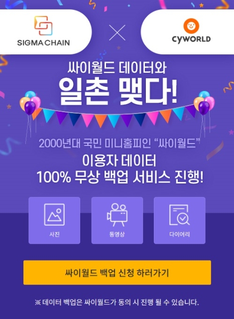 시그마체인 홈페이지 내 싸이월드 무상 백업 서비스 신청 팝업창 이미지. 사진=시그마체인