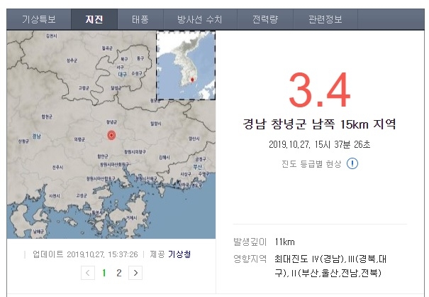 경남 창녕 남쪽 15km 지역서 규모 3.4 지진 발생