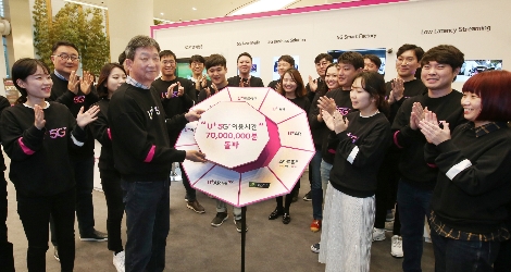 U+5G 전파발사 1년을 앞두고 LG유플러스 황현식 PS부문장(부사장) 등 임직원들이 U+5G 이용시간 7천만분 돌파를 기념하고 있다. 사진=LG유플러스