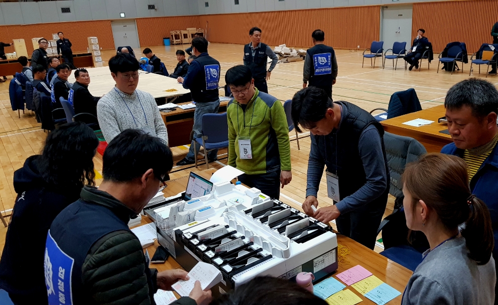제8대 금속노조 현대자동차지부 임원선거 개표를 지원하고 있다.(사진제공=울산북구선관위)