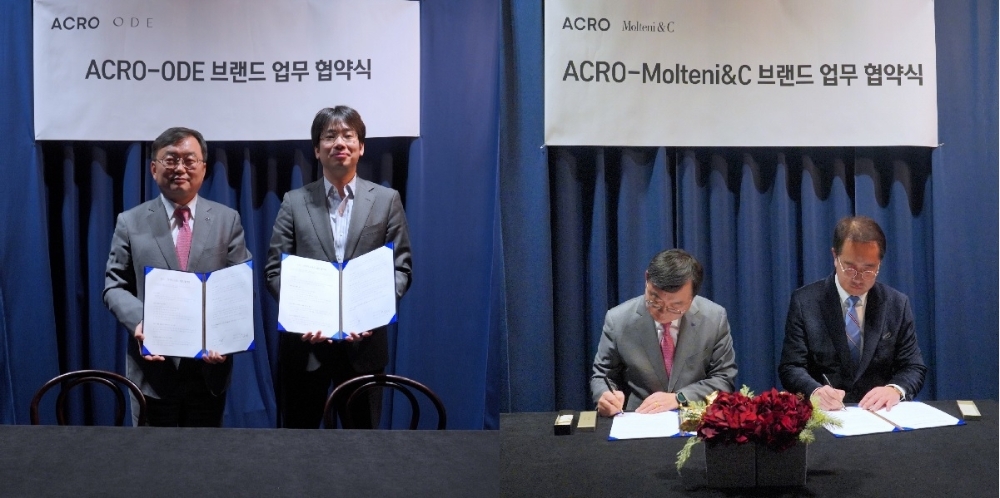 왼쪽 사진은 대림산업 홍록희 분양마케팅 담당임원(좌)과 임우석 오드 사업부 총괄(우)이, 오른쪽 사진은 홍록희 담당임원과 몰테니앤씨 김주선 상무(우)가 아크로 갤러리에서 사업협력을 위한 양해각서에 서명하고 있는 모습.(사진=대림산업)