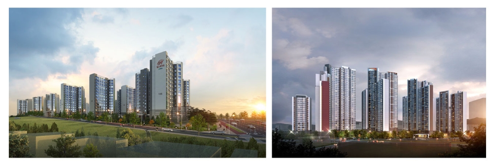 12월 분양예정인 힐스테이트 푸르지오 수원(좌),광명 푸르지오 센트베르(우) 투시도.