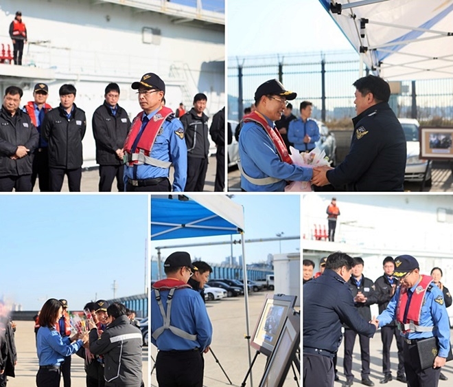 정년퇴임을 앞두고 마지막 경비작전 임무를 마치고 입항한 이종해 3001함장에 대한 환영식 행사를 갖고 있다.(사진제공=부산해양경찰서)