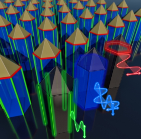 KAIST 물리학과 조용훈 교수 연구팀은 머리카락 굵기보다 100배 가느다란 육각연필 형태의 구조 안에서 다색-다편광 특성을 갖는 양자선 수직배열 광원 개발에 성공했다고 밝혔다. 사진=한국연구재단