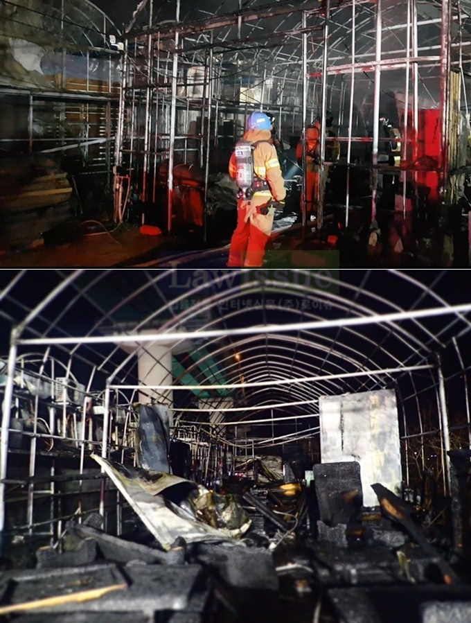 가구공방 비닐하우스 회재현장.(사진제공=부산소방본부)