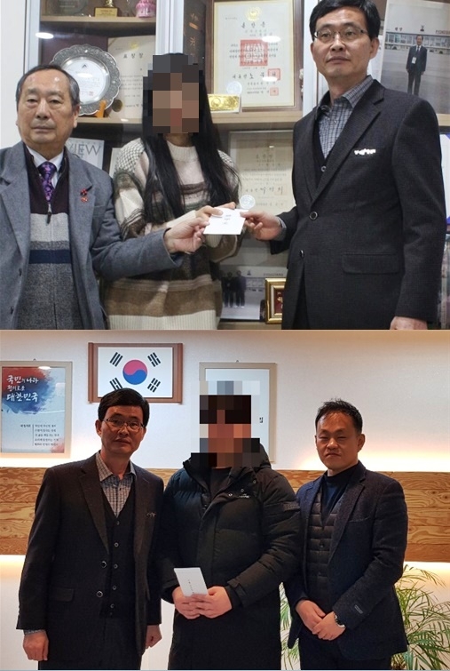 대학진학의 꿈을 이룬 청소년 2명에게 장학금을 전달하고 기념촬영.(사진제공=서울남부청소년비행예방센터)