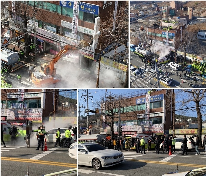 거제2구역 재개발부지 내 강제집행 대치현장.(사진제공=부산경찰청)