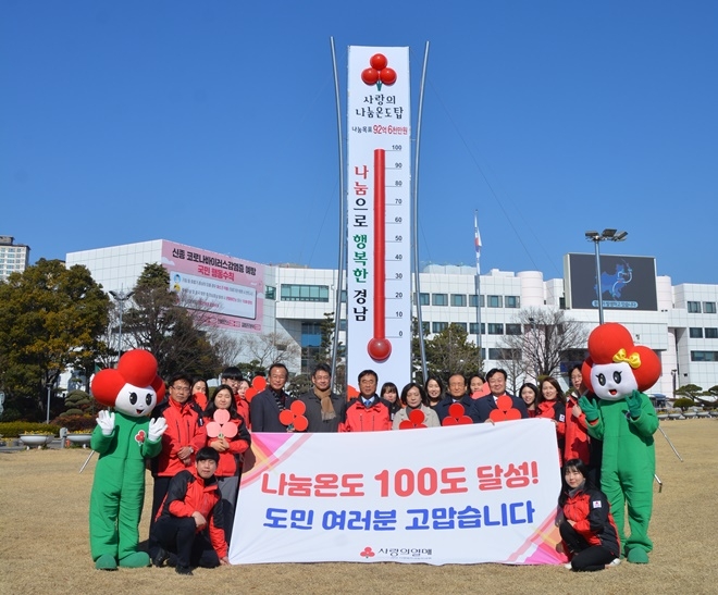경남사회복지공동모금회 한철수 회장과 직원들이 ‘나눔온도 100도 달성! 도민 여러분 고맙습니다’ 라는 문구가 적힌 현수막으로 도민들에게 감사인사를 전하고 있다.(사진제공=경남사랑의열매)