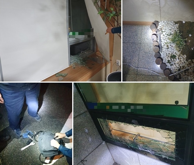 금융기관 창문 파손.(사진제공=부산경찰청)