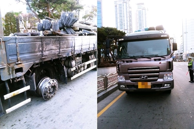 타이어에 불이나 휠이 드러나 있다.(사진제공=부산경찰청)