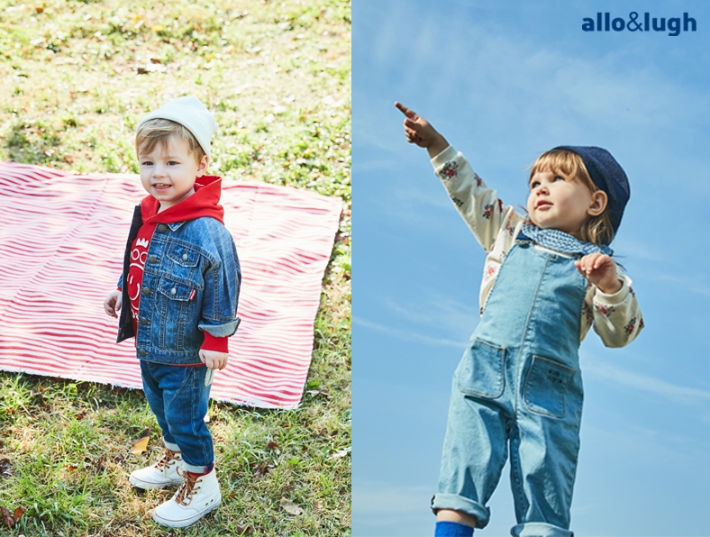 알로앤루 (왼쪽) ‘패션리더 데님 재킷’, ‘요기조기 데님 팬츠’, (오른쪽) ‘점핑 스타 멜빵 바지’