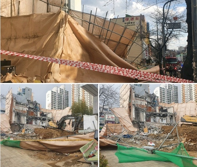 철거현장 펜스가 강풍으로 파손.(사진제공=부산경찰청)