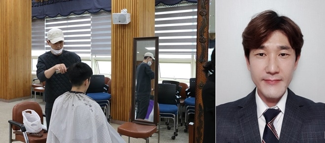 부산해경 의무경찰을 대상으로 무료 이발봉사를 하고 있는 에리카헤어 이혜동 원장.(사진제공=부산해양경찰서)