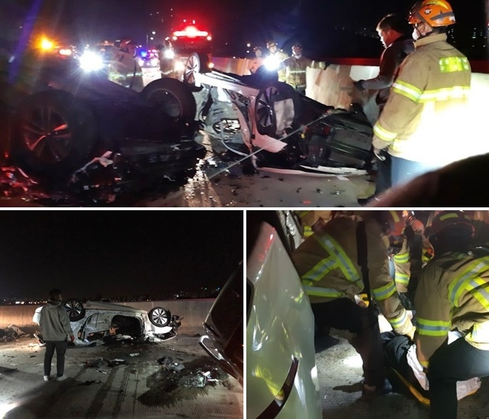 30일 울산 북구 중산교차로 인근 도로상 차량전복사고 현장(사진제공=울산소방본부)