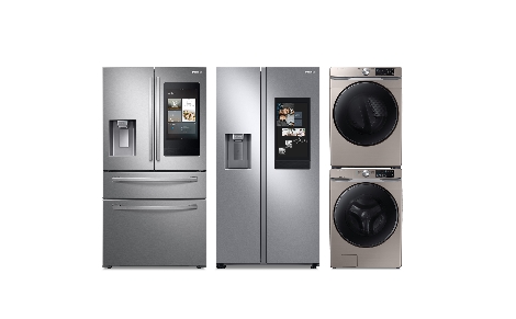 좌측부터 삼성전자 프렌치도어 냉장고(RF28R7551SR), 양문형 냉장고 (RS27T5561SR), 세탁기(WF45R6100AC), 건조기(DVE45R6100C). 사진=삼성전자