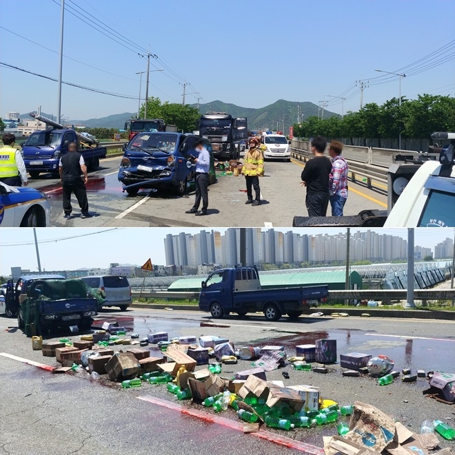 11일 부산 강서구 사취등마을 앞 도로 연쇄추돌 사고현장.(사진제공=부산경찰청)