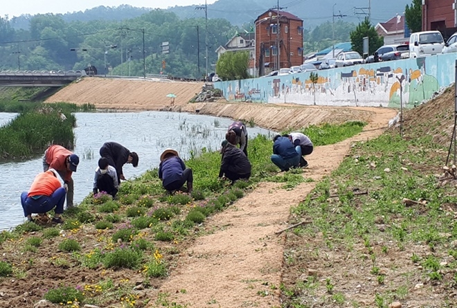사회봉사대상자들이 주민쉼터 조성사업에 일손을 돕고 있다.(사진제공=충주준법지원센터)