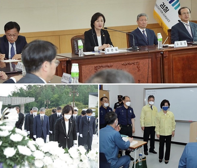 (사진위부터 시계방향) 추미애 법무부 장관이 18일 광주지검에서 열린 간부 간담회에서 직원들과 대화를 나누고 있다./추미애 장관이 광주교도소를 방문하여 자격증 시험을 준비하는 수형자들을 격려하고 있다./추미애 장관이 제40주년 5·18 민주화운동 기념일을 맞아 광주 국립 5·18 민주묘역에서 참배하고 있다.(사진제공=법무부)