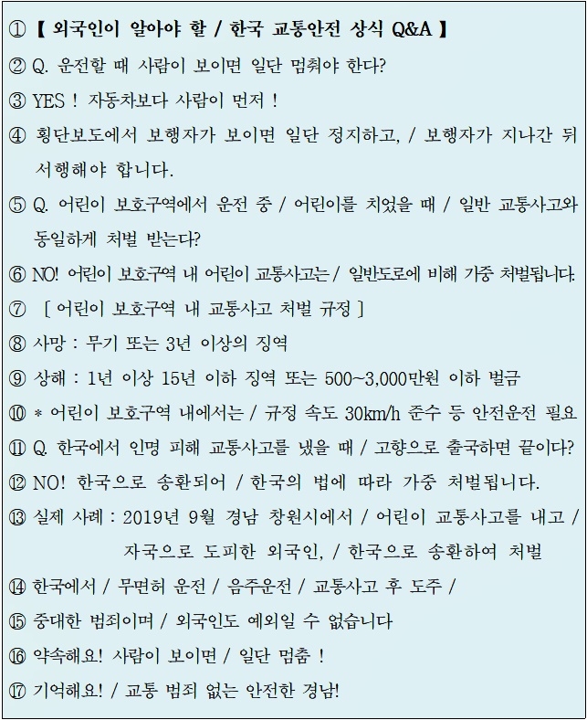 외국인이 알아야 할 한국교통안전 상식Q&A.(제공=경남경찰청)