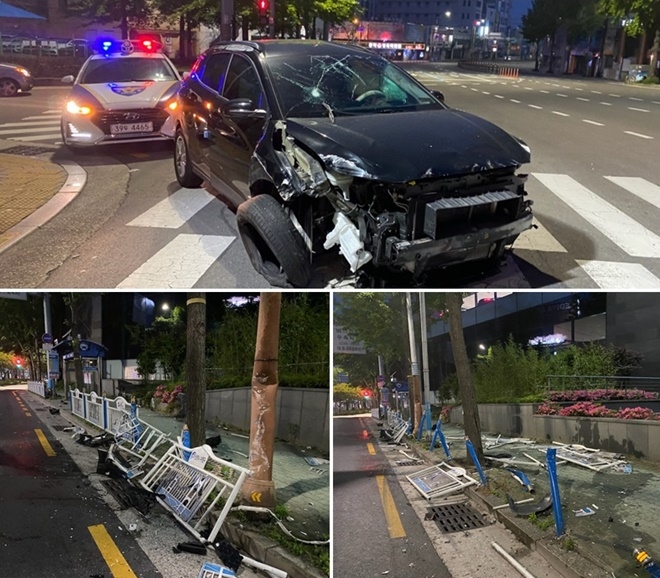 29일 오전 수영구 벤츠 매장 앞 음주상태서 가드레일을 충격한 코나 차량.(사진제공=부산경찰청)