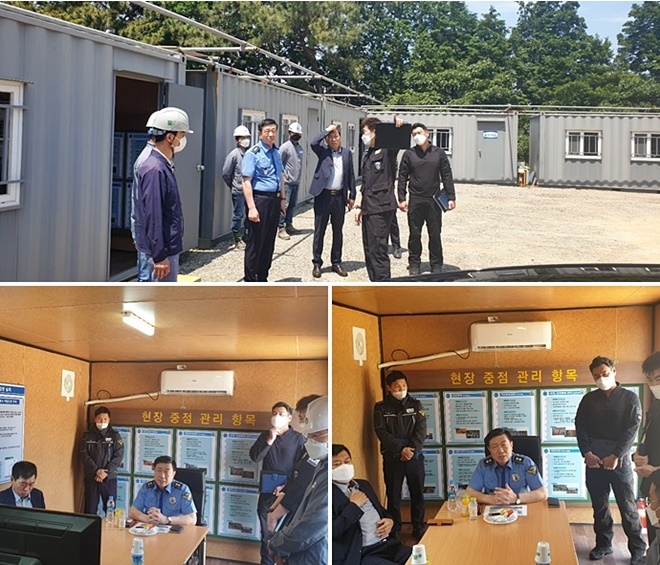 구자영 남해해경청장이 특공대 훈련시설 신축공사 현장을 방문해 진행사항을 보고받고 안전을 당부하고 있다.(사진제공=남해지방해양경찰청)