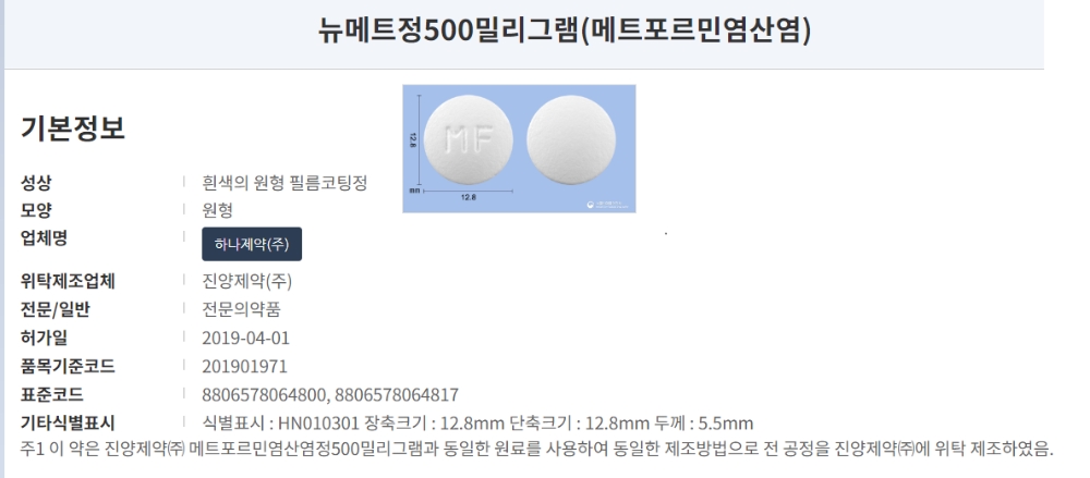 하나제약의 메트포르민 함유 '뉴메트정500mg'. 식약처의 제조∙판매 중지를 받은 진양제약의 그린페지정과 동일한 원료를 사용해 동일한 제조를 거쳤다. 사진=식약처의약품통합정보시스템