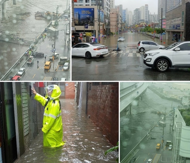 동천강 인근 하천 범람 침수 현장. (사진제공=부산경찰청)