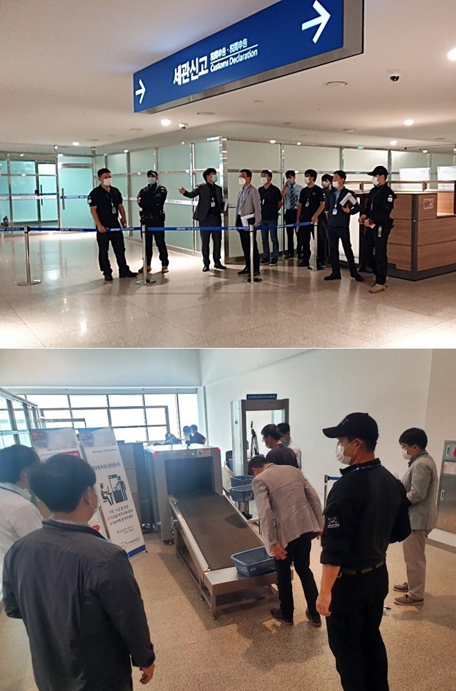 14일 남해해경청 직원(특공대, 보안계)들과 4개 유관기관 담당자들이 부산항 국제여객터미널에서 안전점검을 실시하고 있다.(사진제공=남해지방해양경찰청)