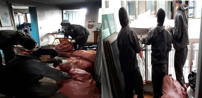 화재현장에서 사회봉사활동을 펼치고 있다.(사진제공=충주준법지원센터)