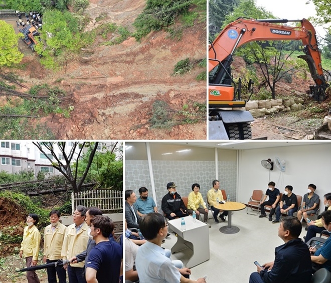 30일 오전 변성완 부산시장 권한대행과 정미영 금정구청장 등이 금정구 부곡동의 한 아파트 토사유출 피해 현장을 점검하고 대책을 논의하고 있다.(사진제공=부산시)