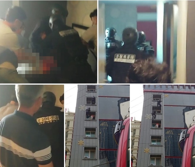 경찰특공대의 투신소동 남성 제압 장면 등.(사진제공=부산경찰청)