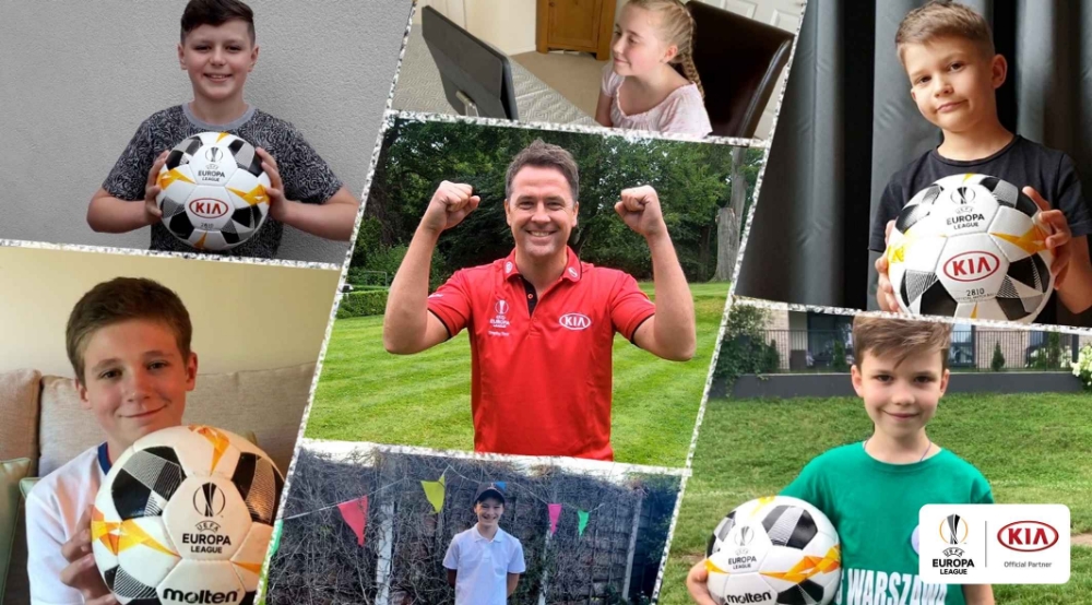 2020 UEFA 유로파리그 트로피 투어의 글로벌 홍보대사인 마이클 오언(Michael Owen)이 축구화 기부 캠페인을 독려하는 모습과 캠페인에 참가한 아이들의 모습.(사진=기아자동차)