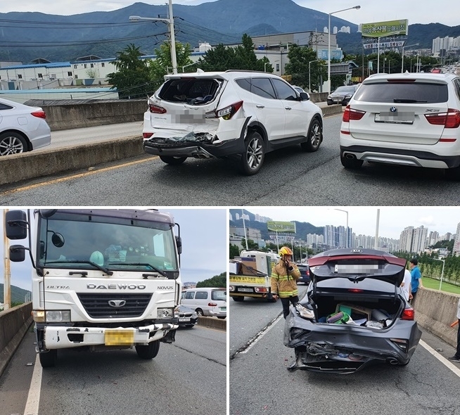 반여동 석대고가교 반여농산물시장 부근 3중추돌사고.(사진제공=부산소방재난본부)