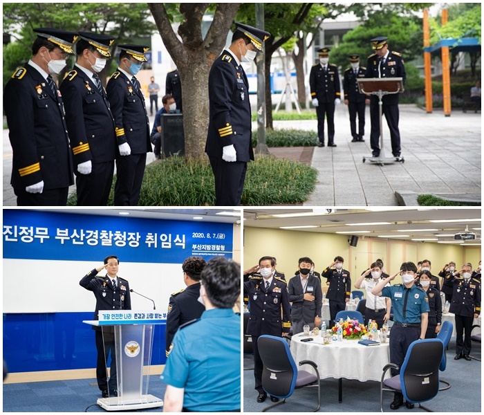 진정무 신임 부산경찰청장이 순국·순직경찰관들에 대해 참배를하고 취임식을 하고 있다. (사진제공=부산경찰청)