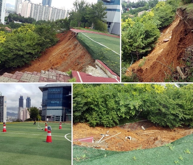 9일 오전 부산인력개발원 운동장 내 옹벽붕괴.(사진제공=부산경찰청)