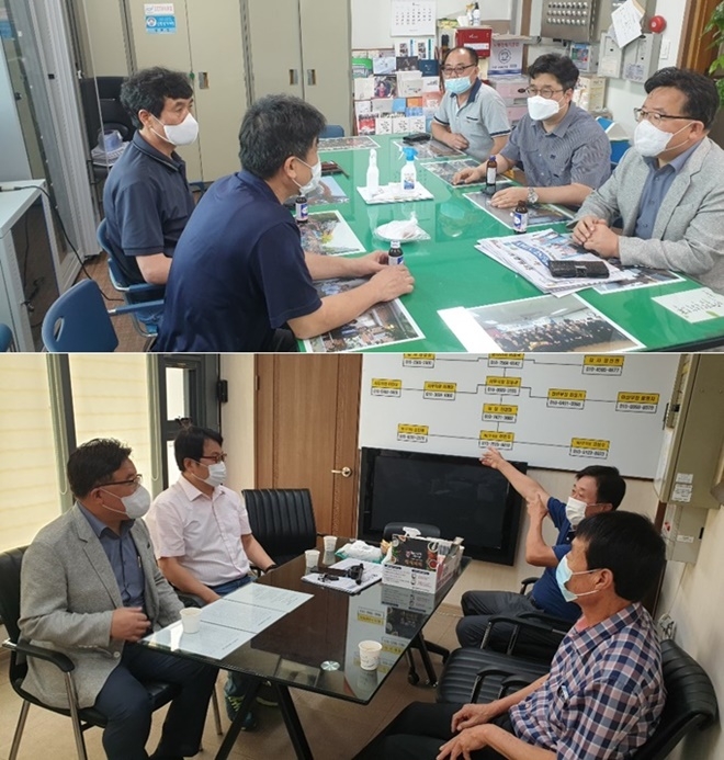 심규명 위원장 등이 23일 수암시장과 신정시장 상인회 회장단과 가짜뉴스 관련 간담회를 갖고 있다.(사진제공=더불어민주당 남구갑지역위원회 대학생위원장 이혜인)