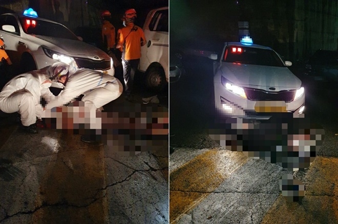 소방대원이 술 취해 도로상에 누워있다 찰과상 등을 입은 피해자를 구조하고 있다.(사진제공=부산경찰청)