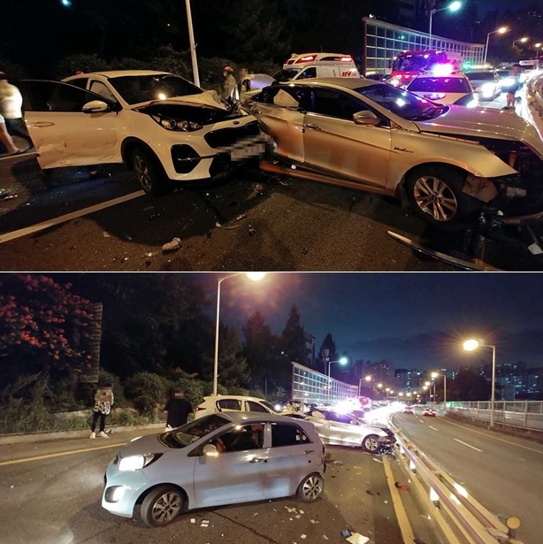 30일 오후 10시 45분경 부산 남해고속도로 진입로 앞 도로서 발생한 4중 추돌 교통사고.(사진제공=부산경찰청)