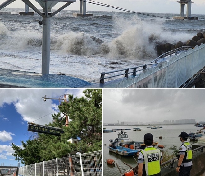 태풍 마이삭 북상 시 광안리 수변공원에 큰 파도가 밀려오고 있다./태풍 북상을 앞두고 해양경찰관들이 관할 항포구(녹산항)을 순찰하고 있다.(사진제공=부산해양경찰서)