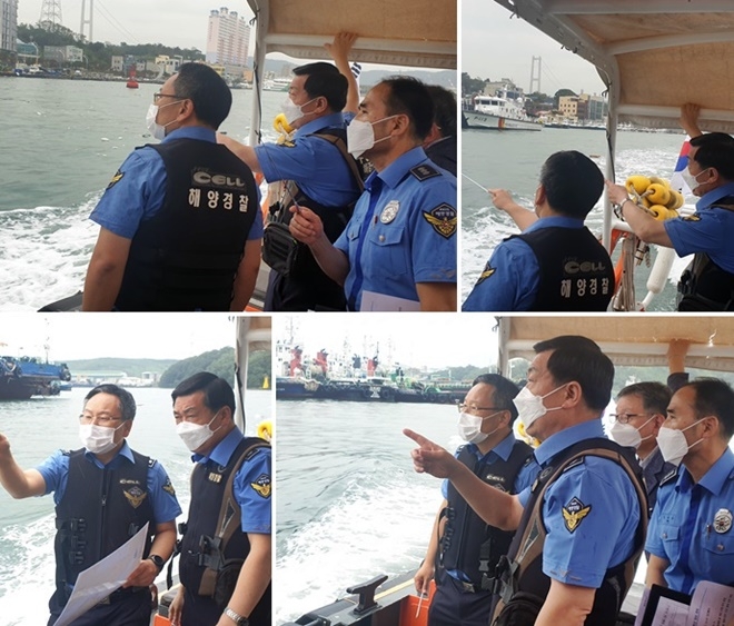 구자영 남해해경청장이 5일 울산항만 태풍취약시설을 점검하고 있다.(사진제공=울산해양경찰서)