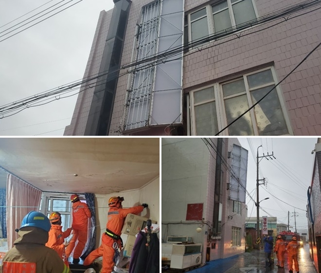 북구 정자동 간판 안전조치.(사진제공=울산소방본부)