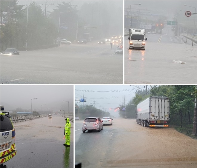 정관 산단로 100미터 침수통제/예림교 탑차 1대 침수.(사진제공=부산경찰청)