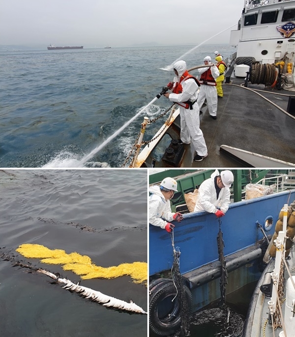 석유공사 원유부이 인근 해상 방제작업.(사진제공=울산해양경찰서)