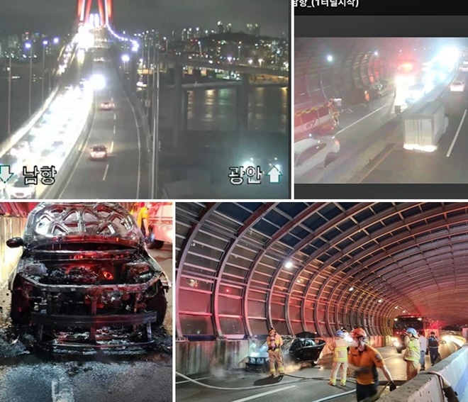 영도고가교 부산항 방면 K7차량 엔진부위 화재. (사진제공=부산경찰청)