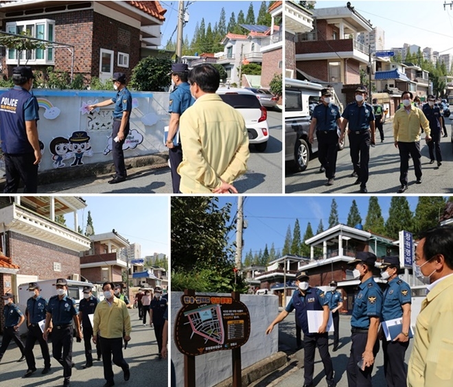 반송동 여성안심귀갓길 주변 방범시설물 설치 등 환경개선사업지 점검 및 주민접촉형 순찰을 하고 있다.(사진제공=창원중부경찰서)