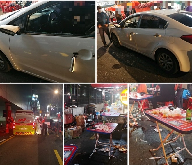 29일 오전 4시 26분경 음주차량이 부산진구 한전 앞 포장마차 피해자들을 충격한 사고현장.(사진제공=부산경찰청)