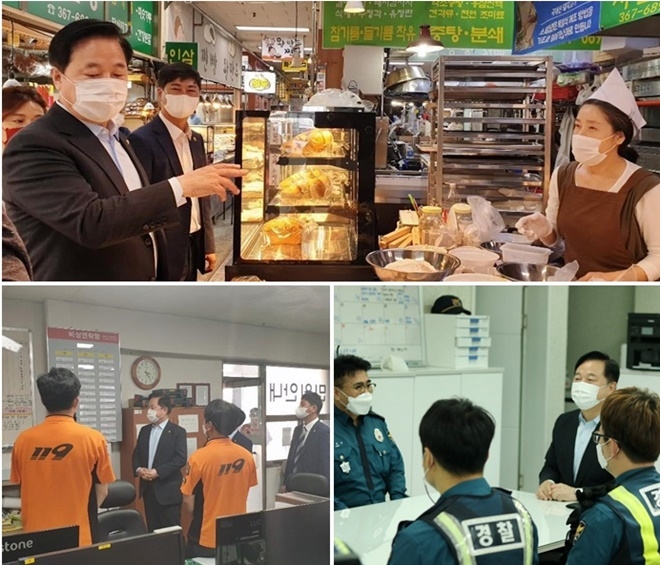 김두관 의원이 27~28일 덕계상설시장, 서창파출소, 소방서, 덕계평산파출소를 방문해 근무자들을 격려하고 시민들의 고충을 귀담아 듣고 있다.(사진제공=김두관의원실)