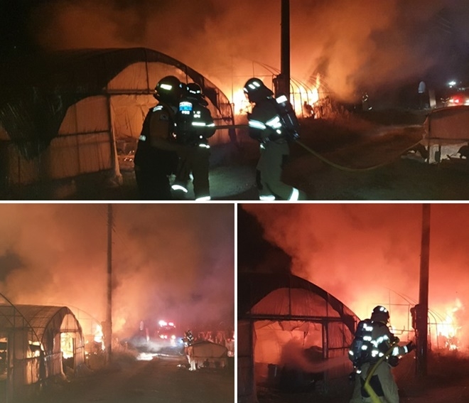 10월 1일 오전 4시 38분경 울산 북구 천곡동 비닐하우스 화재.(사진제공=울산소방본부)