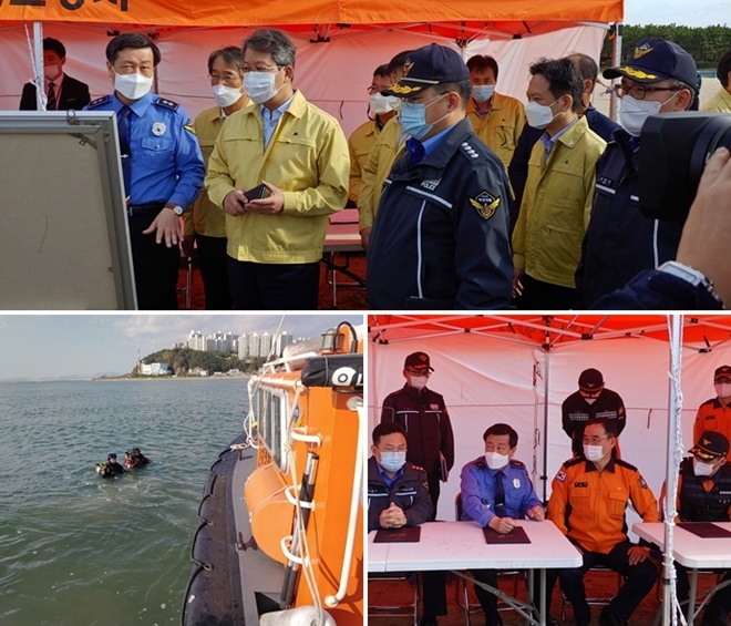 7일 오전 유관기관과 상황판단회의 모습/해양경찰 특공대 및 중특단이 수중 수색 중이다.(사진제공=부산해양경찰서)